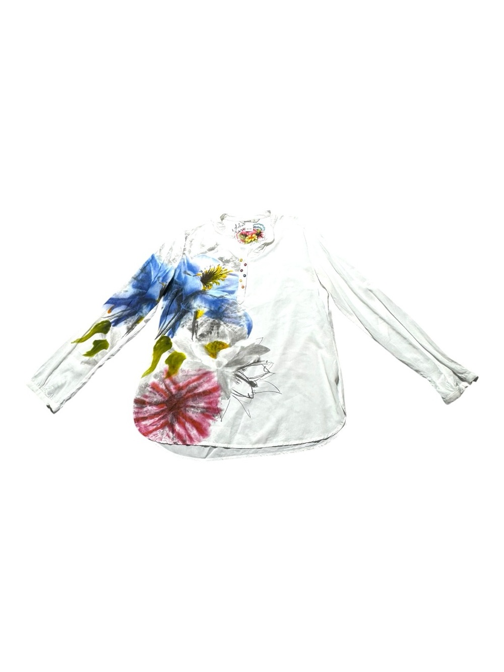 Desigual Women’s XL White Long-Sleeve Floral Print Tunic Tropical Hawaiian